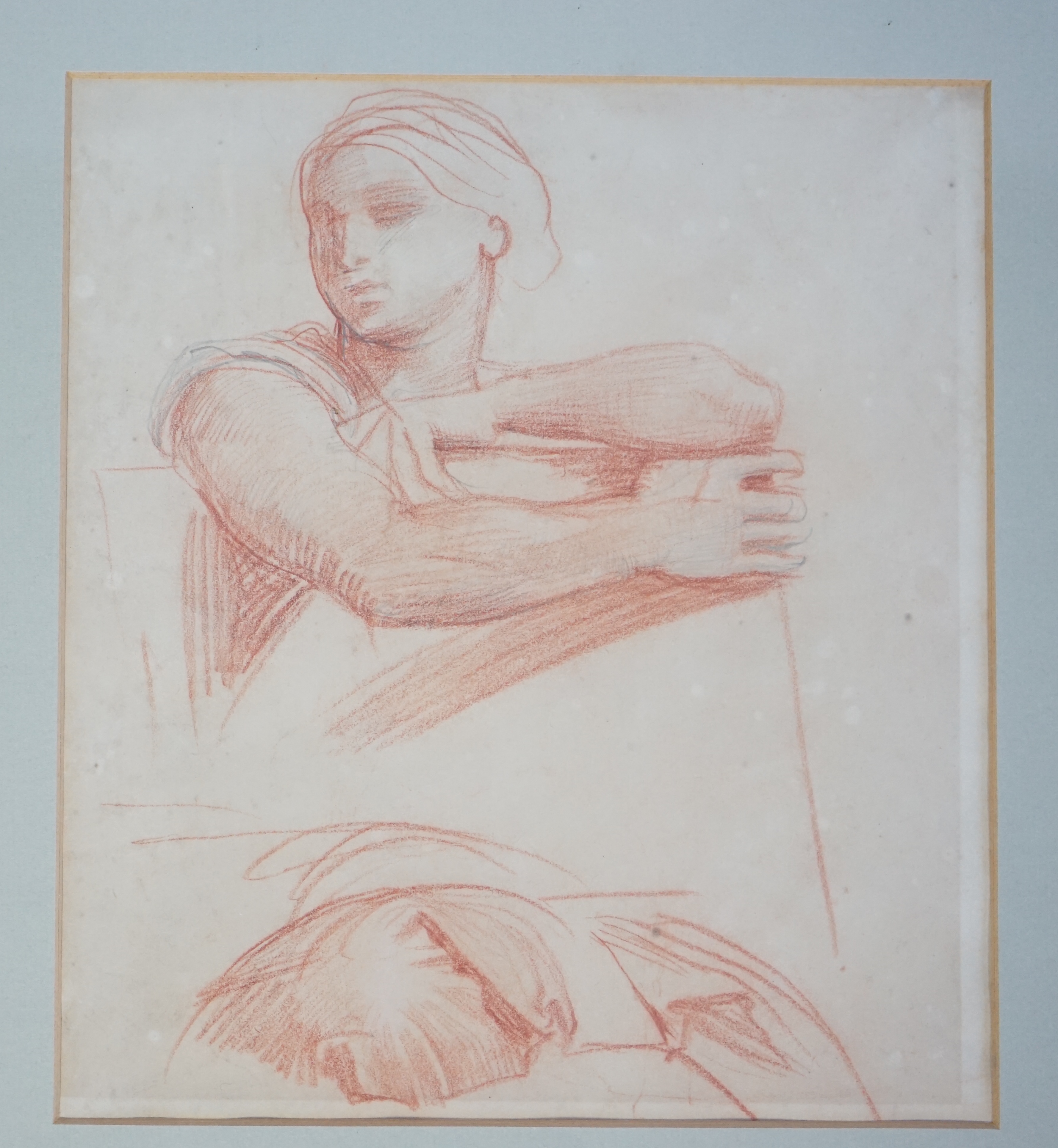 Alfred George Stevens (English, 1817-1875), Life study sketch of a woman holding a folio, sepia chalk on paper, 26 x 23cm